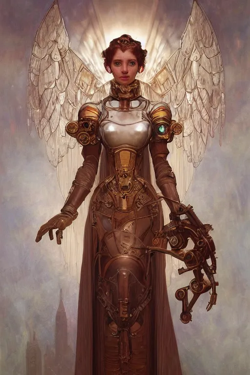 Image similar to Portrait of beautiful pale steampunk mechanical angelic maiden warhammer 40000, cinematic red lighting, intricate, elegant, highly detailed, digital painting, artstation, smooth, sharp focus, illustration, art by artgerm and greg rutkowski and zdislav beksinski and alphonse mucha and Wayne Barlowe and william-adolphe bouguereau