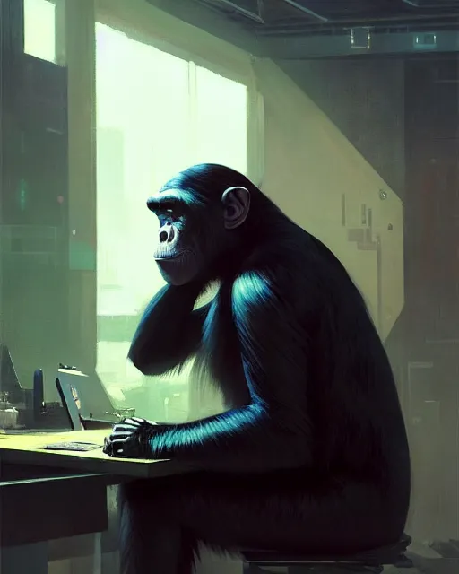 Image similar to cyberpunk hacker chimpanzee at the computer. sci - fi art by greg rutkowski, gustave courbet, rosa bonheur, edward hopper. faithfully depicted facial expression, perfect anatomy, sharp focus, global illumination, radiant light, detailed and intricate environment, trending on artstation