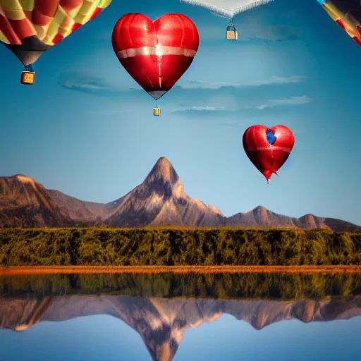 Image similar to realistic extremely detailed photo of a hot air balloon with a picture of two black swans swimming, touching heads, forming a heart with their necks flying above a reflective mountain lake, granular detail, holographic krypton ion, octane render, 4k, f32,55mm photography, wide angle