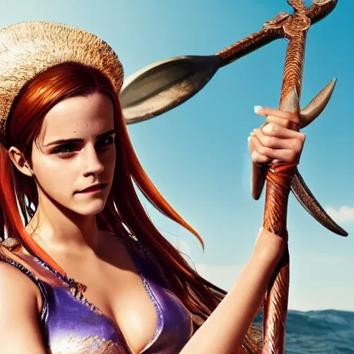 Image similar to emma watson as nami from one piece holding a trident in one hand, award winning photography, cinematic, 50 mm, trending on Twitter