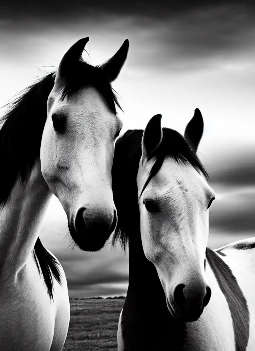 Image similar to two horses black and white portrait white sky in background