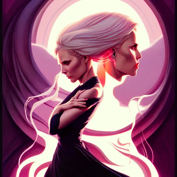 Image similar to style artgerm, joshua middleton, gerald brom, beautiful kristen bell with black dress, very long white hair, symmetrical face, symmetrical eyes, purple fire powers fire swirling, detailed, forest setting, cinematic lighting