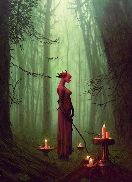 Image similar to a hyper realistic witch shrine, candles, in the woods, distant explosions, gorgeous lighting, lush forest foliage, painting by chiara bautista and tom bagshaw, mucha, beksinski and norman rockwell and greg rutkowski weta studio, and lucasfilm