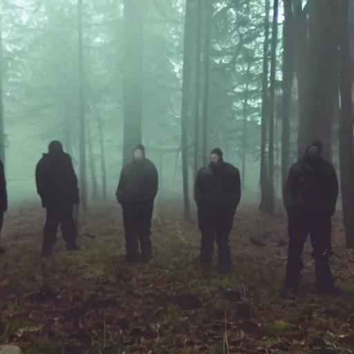 Image similar to low quality iphone photo of the payday 2 videogame crew standing ominously deep in the foggy woods low visibility creepy, grainy, trail cam footage