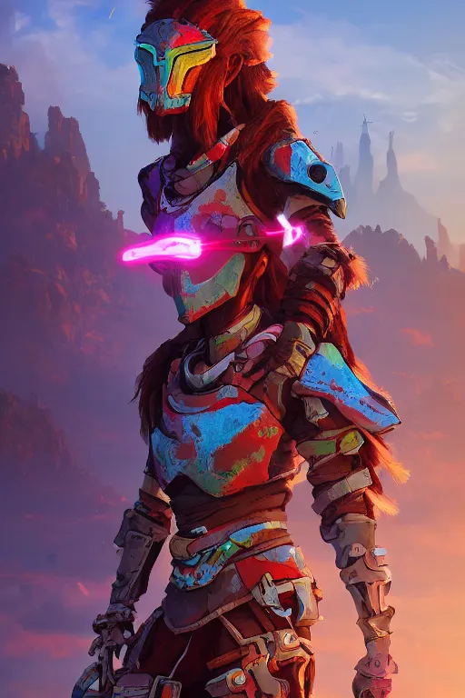 Image similar to combination suit armor aloy horizon forbidden west horizon zero dawn radiating a glowing aura global illumination ray tracing hdr fanart arstation by ian pesty and alena aenami artworks in 4 k tribal robot ninja mask helmet backpack