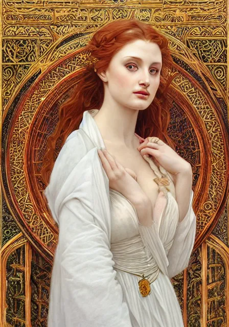 Image similar to sansa angeline jolie gessica chastain white snow skin, intricate, elegant, highly detailed, digital painting, artstation, concept art, smooth, sharp focus, illustration, art by artgerm and greg rutkowski and alphonse mucha and william - adolphe bouguereau