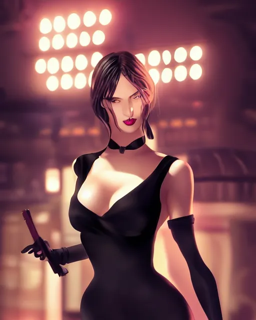 Prompt: femme fatale in a black revealing dress, at a quiet english bar, dramatic lighting, 2d digital character art, artstation, extremely detailed, smooth, sharp focus, by WLOP and Sakimichan