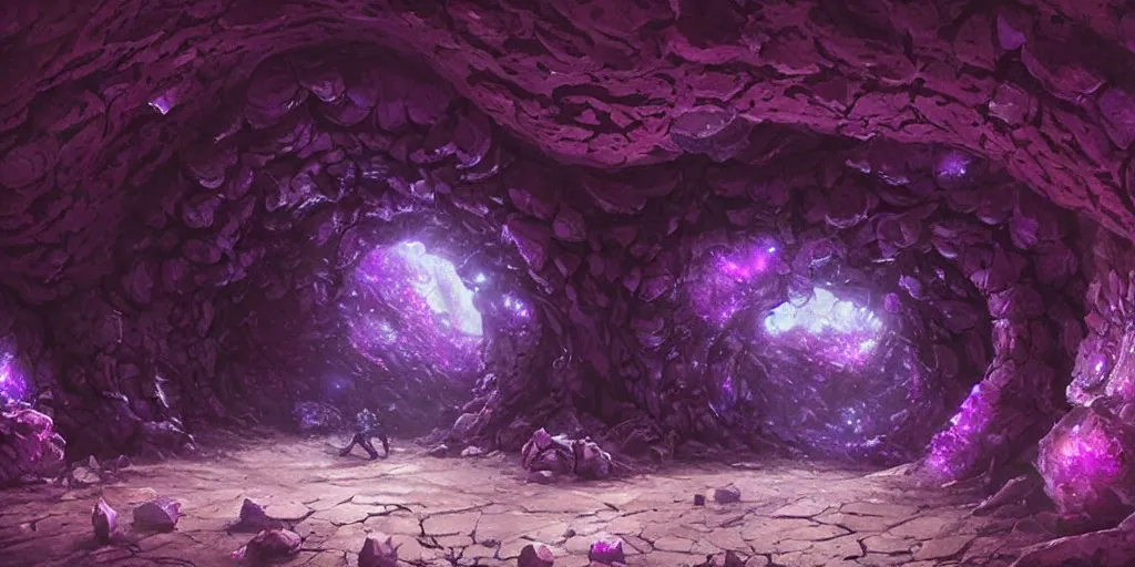 Image similar to beautiful hyper realistic zergling tunnel in cave of purple crystals, beautiful painting by greg rutkowski