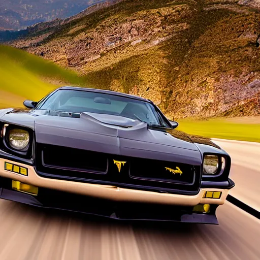 Prompt: black pontiac firebird trans - am driving towards the camera, mountain, valley, breathtaking mountains, lake, dynamic, sunrise, cinematic, motionblur, sunbeams, volumetric lighting, wide shot, low angle, large lightning storm