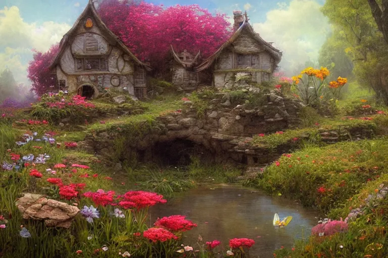 Prompt: wide angle view, a beautiful digital painting of a fairy rock house in a river, flowers, beautiful tranquil day, vivid colors, by greg rutkowski, brian froud, peter mohry, jean - baptiste monge, and alphonse mucha, symmetry, complementary colors, ink illustration, trending on artstation