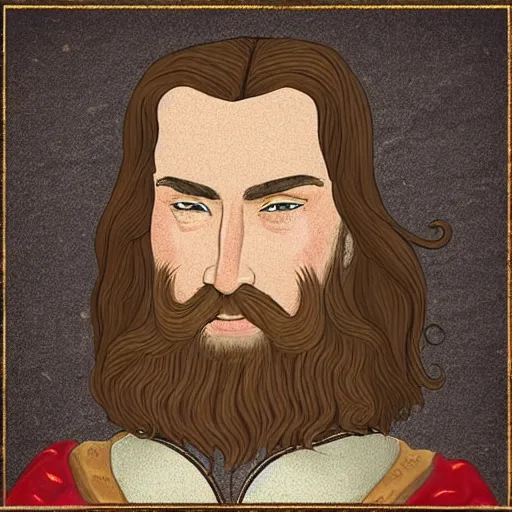 Image similar to a medieval nobleman with a long face, long brown hair and a closely - trimmed beard which is beginning to go grey. character art.