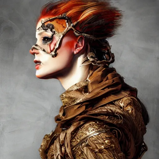 Image similar to portrait of a Shibari rope wrapped face and neck, headshot, insanely nice professional hair style, dramatic hair color, digital painting, of a old 15th century, old cyborg merchant, amber jewels, baroque, ornate clothing, scifi, realistic, hyperdetailed, chiaroscuro, concept art, art by Franz Hals and Jon Foster and Ayami Kojima and Amano and Karol Bak,