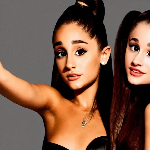 Image similar to Selfie photograph of Ariana Grande and Ariana Grande, golden hour, 8k,