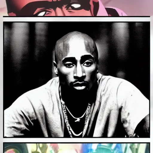 Image similar to Tupac Shakur, screenshot from a 2012s anime