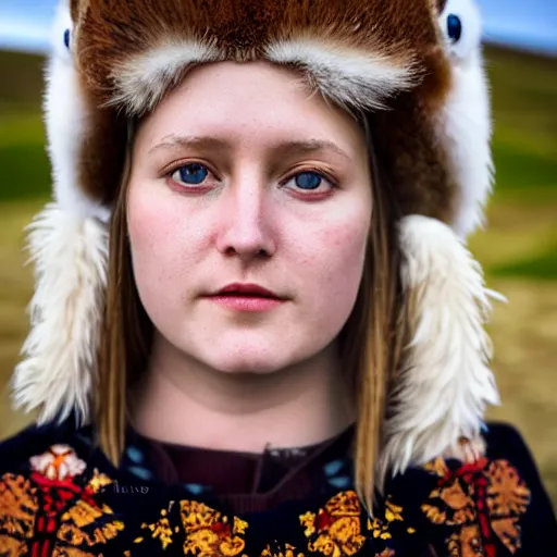 Prompt: symmetry!! portrait photograph of an extremely beautiful!!!! young blonde female with symmetric face. with a very detailed barn owl!!!!! on her shoulder. wearing traditional greenlandic national costume or kalaallisuut. in iceland. petzval lens. shallow depth of field. polaroid featured on flickr, art photography,