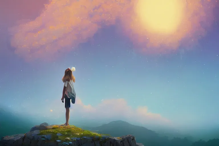 Image similar to giant white daisy flower over head, girl standing on rocky cliff, surreal photography, super nova, milky way, dramatic light, impressionist painting, colorful clouds, digital painting, artstation, simon stalenhag