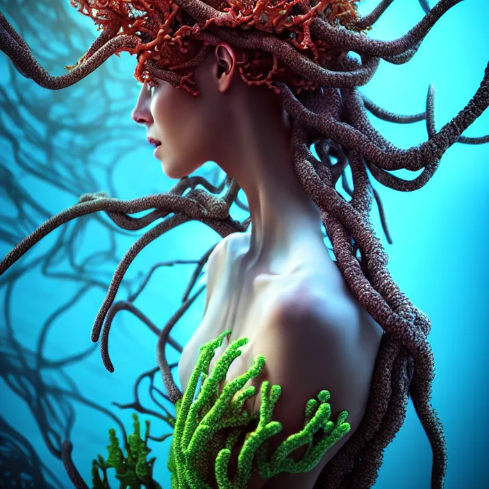 Image similar to female android dryad standing, entwined by seaweed and coral, deep ocean, surreal, light shining through, hyper - realistic, highly detailed, sharp focus, smooth, intricate, octane render