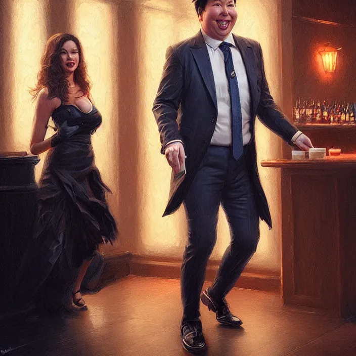 Image similar to michael mcintyre leaving a bar with with a singing waitress, elegant, real life skin, intricate artwork, high detailed, artstation, concept art, smooth, sharp focus, art by artgerm and greg rutkowski