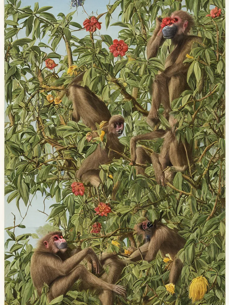 Prompt: mandrill baboon and many flowers and wild thorns in gold, walton ford