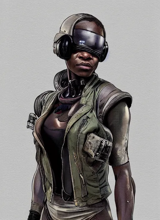 Image similar to chidi igwe. cyberpunk mercenary in tactical harness and jumpsuit. dystopian. portrait by stonehouse and mœbius and will eisner and gil elvgren and pixar. realistic proportions. cyberpunk 2 0 7 7, apex, blade runner 2 0 4 9 concept art. cel shading. attractive face. thick lines.