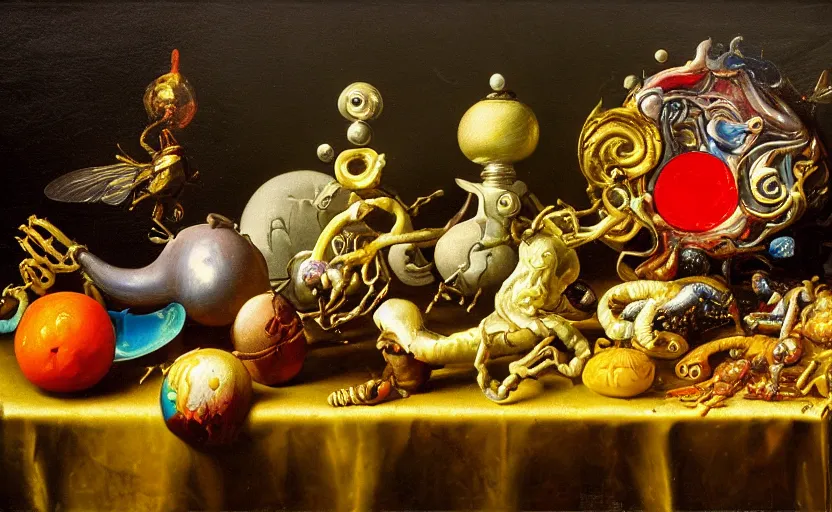 Image similar to disturbing colorful oil painting dutch golden age vanitas still life with bizarre objects strange gooey surfaces wet shiny metal bizarre insects rachel ruysch dali todd schorr very detailed perfect composition rule of thirds masterpiece canon 5 0 mm, cinematic lighting, photography, retro, film, kodachrome