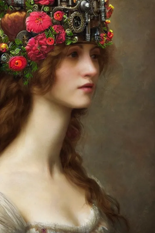 Prompt: close-up portrait of a beautiful young cyborg woman with a big steampunk flower crown, Pre-Raphaelite