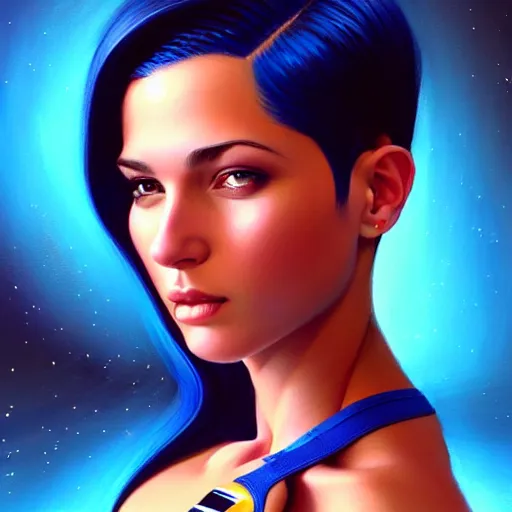 Image similar to a portrait of a very beautiful woman in a spacesuit, Alexandria\'s genesis, shoulder-length blue undercut hair, bored, illustration, soft lighting, soft details, painting oil on canvas by mark arian by artgerm, trending on artstation, 4k, 8k, HD