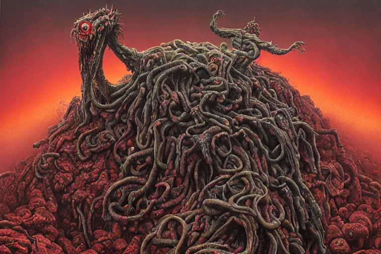 Prompt: Haunting horrifying hyperrealistic detailed painting of a strange bizarre creature sitting atop a mountain of snakes in a foggy hellscape with spread out pools of crimson red gelatinous liquid and goop, eyeballs bulging, sparks of fire flying, dystopian feel, heavy metal, disgusting, creepy, unsettling, in the style of Michael Whelan and Zdzisław Beksiński, lovecraftian, hyper detailed, trending on Artstation