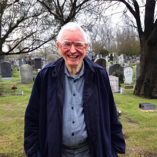 Prompt: a smiling old man in a graveyard