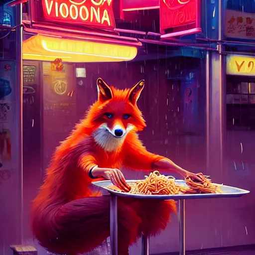 Image similar to splash art of anthropomorphic female vulpes vulpes fulva woman sitting at a noodle stand eating noodles in the crowded street of a cyberpunk city, rain, harsh neon lighting, realistic ultra detailed : by weta, greg rutkowski, wlop, ilya kuvshinov, rossdraws, artgerm, octane render, liosh, mucha