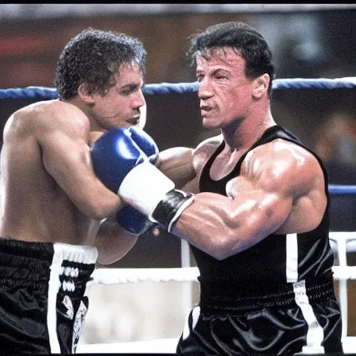 Prompt: 9 0 s tv footage of arnold schwarzenegger vs sylvester stallone charity boxing match