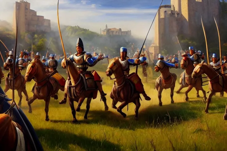 Image similar to ( ( a beautiful 8 k photorealistic masterpiece oil painting ) ( of ( man stuck in the age of empires 2 game ) ( knights and archers are chasing him ) ) ( hyperrealism ) ( 1 6 k ) ( trending on artstation )