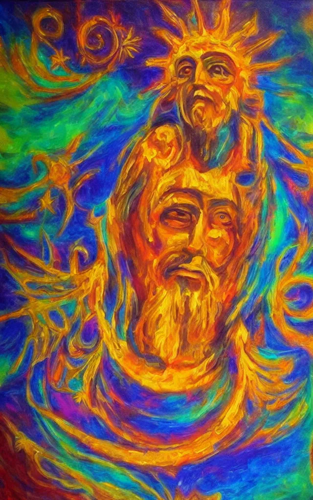 Image similar to the god of the solar mythos solar deity, award winning oil painting, iridescent colors