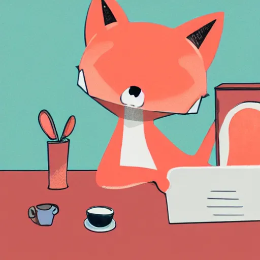 Image similar to A light pink anthropomorphic fox sits at a desk typing on a laptop with a cup of coffee