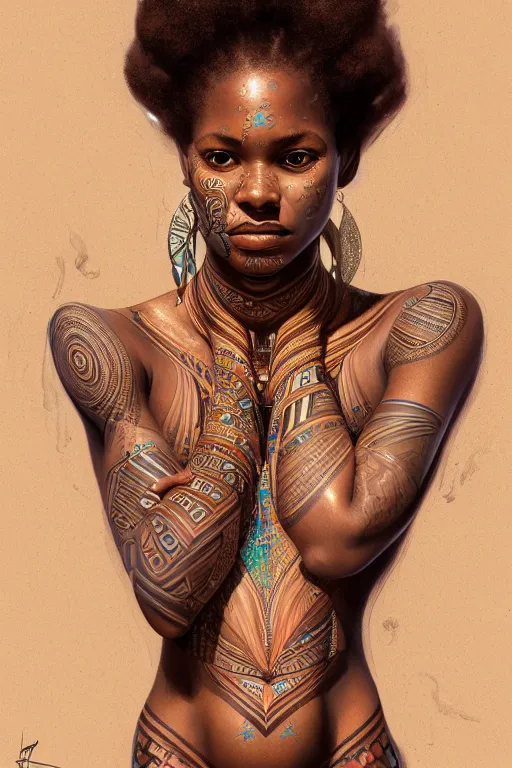 Image similar to body portrait of beautiful nubian ancestral tribal tattooed young pincess, underwater photography full body portrait of a young beautiful woman swimming low angle by terry o'neill intricate, elegant, highly detailed, digital painting, artstation, concept art, smooth, sharp focus, illustration, art by artgerm and greg rutkowski and alphonse mucha, 8 k