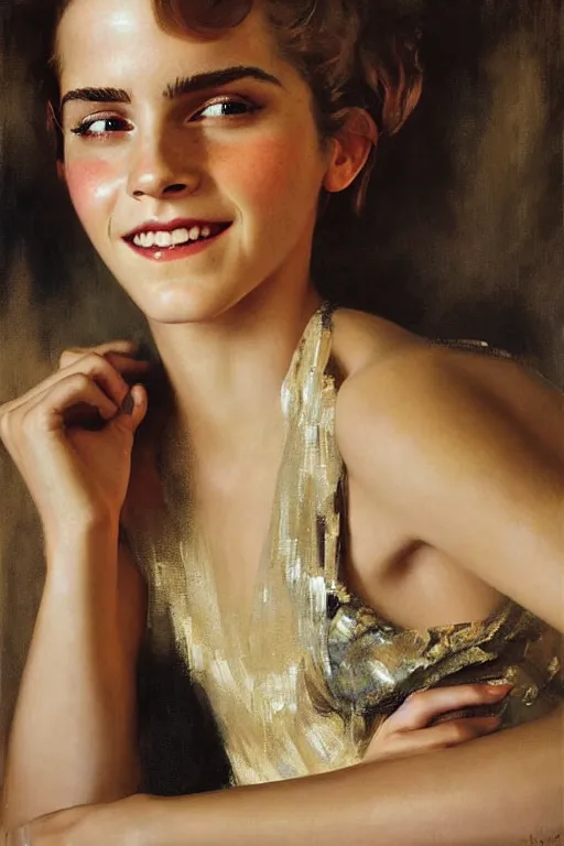 Image similar to emma watson smiling closed eyes detailed portrait painting by gaston bussiere craig mullins j. c. leyendecker photograph by richard avedon peter lindbergh