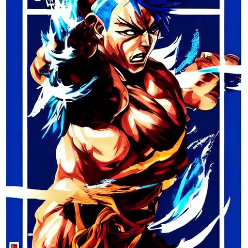 Image similar to shoryuken, dragon punch, kamehameha, hadouken, street fighter, mortal kombat, tournament, hanafuda, evolution, game poster by yoji shinkawa in blue and white