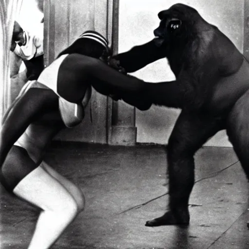 Prompt: a black and white photo of a silverback gorilla beating up a woman dressed as a nun