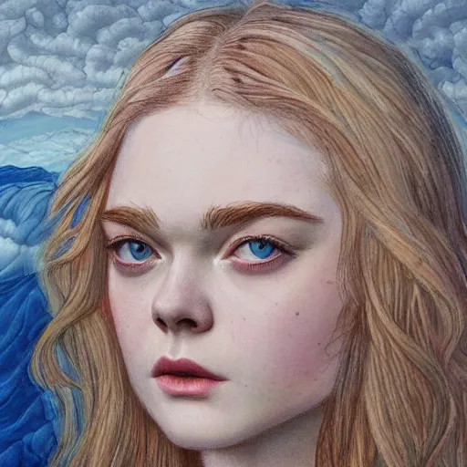 Image similar to professional painting of Elle Fanning in the style of Rebecca Guay, head and shoulders portrait, symmetrical facial features, smooth, sharp focus, illustration, intricate, stormy weather, extremely detailed masterpiece,