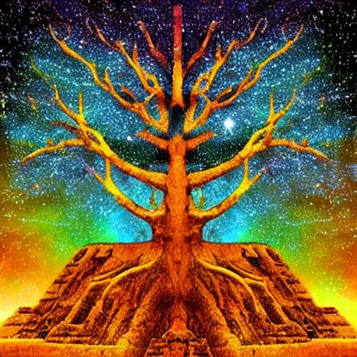 Prompt: a sprawling 6000 year old cosmic tree, told of in ancient Mayan prophecy, chromatic aberration, dream sequence