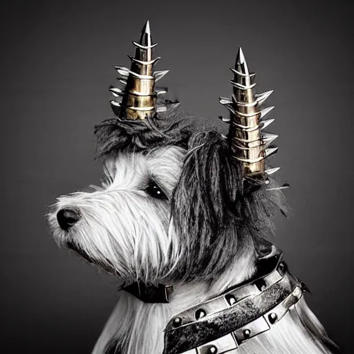 Prompt: “ west highland terrier clad in iron armor with spikes, with a gun glued to his head. ”