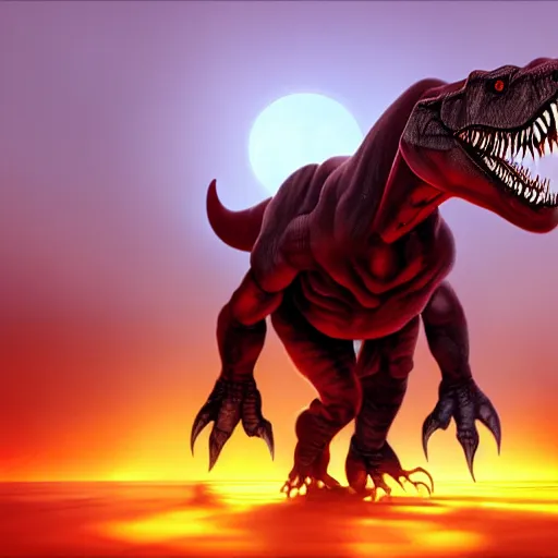 Prompt: a painting of a angry, demonic T-Rex standing close to camera in the style of devilcore, gorecore, acrylic, 3D render, blender render, realistic skin, twilight, glows, detailed, studio quality, HD image,