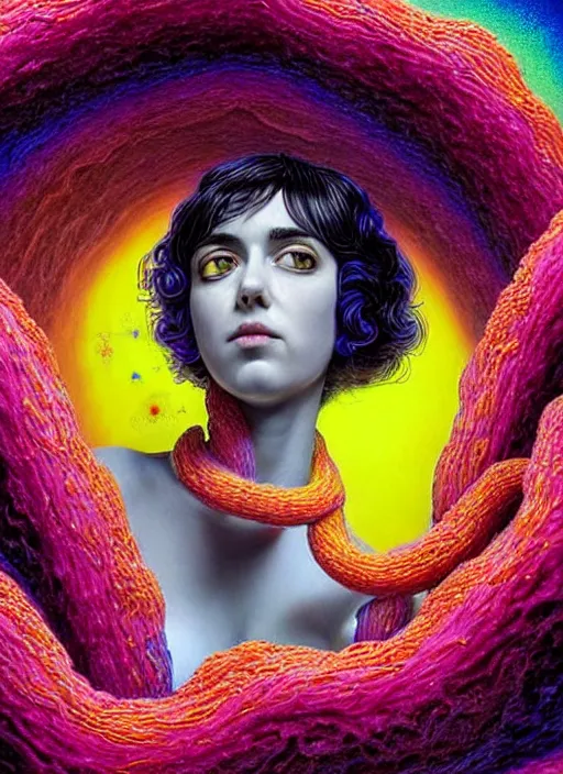 Prompt: hyper detailed 3d render like a Oil painting - Ramona Flowers with black hair in thick mascara seen Eating of the Strangling network of colorful yellowcake and aerochrome and milky Fruit and Her delicate Hands hold of gossamer polyp blossoms bring iridescent fungal flowers whose spores black the foolish stars by Jacek Yerka, Mariusz Lewandowski, Houdini algorithmic generative render, Abstract brush strokes, black intense eyes, choke smirk smile grin, Masterpiece, Edward Hopper and James Gilleard, Zdzislaw Beksinski, Mark Ryden, Wolfgang Lettl, Dan Hiller, hints of Yayoi Kasuma, octane render, 8k