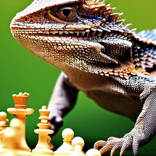 Image similar to a Bearded dragon playing chess, national geographic photo