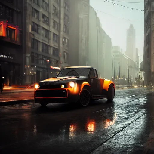 Prompt: vin diesel driving ford model t, drift, fog, volumetric lighting, bokeh, ultra realistic, highly detailed, city, cinematic, art by jan urschel and neil blevins