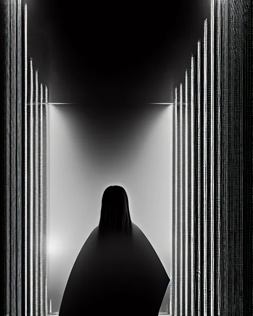 Prompt: black and white high quality photo of a beautiful female AI vegetal-cyborg looking into a sci-fi mirror, volumetric lighting, liminal space, brutalism, foggy, dreamy, hyperdetailed, bokeh, photorealistic, cinematic, masterpiece, Metropolis, elegant, dark, in the style of Horst P. Horst, octane render, 8K,