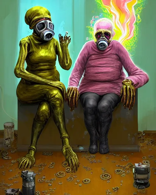 Prompt: Two old people, fleshy bones, wearing gas masks draped in silky gold, green and pink, connected to heart machines, inside a grand, ornate hospital room, they sit next to a fireplace with swirling blue flames, the world is on fire, lost in despair, transhumanist speculative evolution, in the style of Adrian Ghenie, !!!Esao Andrews!!! , Jenny Saville, Edward Hopper, surrealism, dark art, by David Cronenberg, Mariko Mori