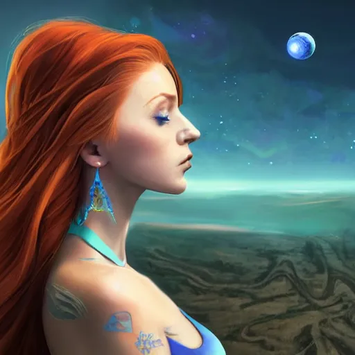 Image similar to side portrait of a beautiful tattoed redhead woman carrying a laser gun, a planet in the background. blue dress, light iridescent hair color, long windy hair style, fantasy, intricate, sharp focus, lens flare, bloom, rim light, illustration, highly detailed, digital painting, concept art, matte, art by ruan jia