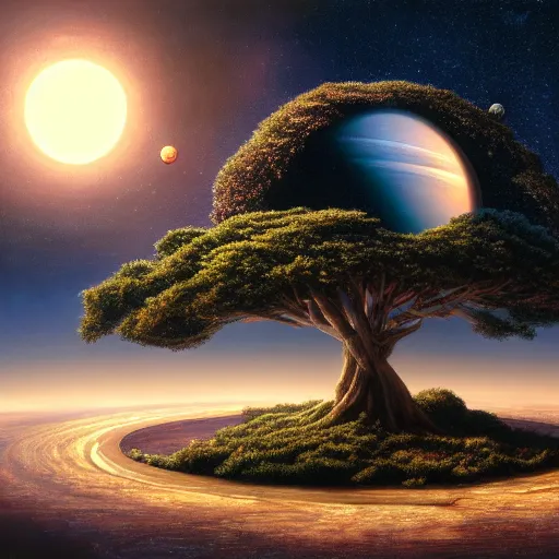 Image similar to all of the planets revolving around a giant Tree, beautiful, oil on canvas, intricate, 8k highly professionally detailed, HDR, CGsociety