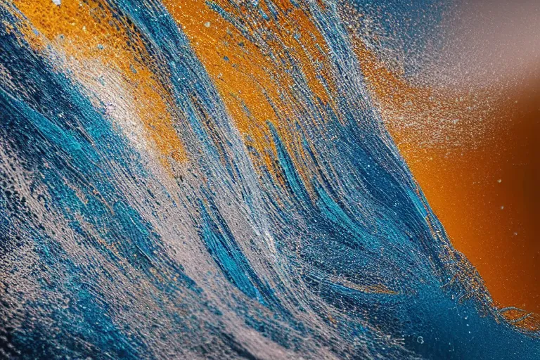 Image similar to big ocean wave of water particles, light blue, yellow orange, and light brown colors, white foam, splash, complex curl noise, vortex, simulation, reflection, featured on behance, uhd image, media art, motion graphic, particles, fluids, 3 d, rendering, octane